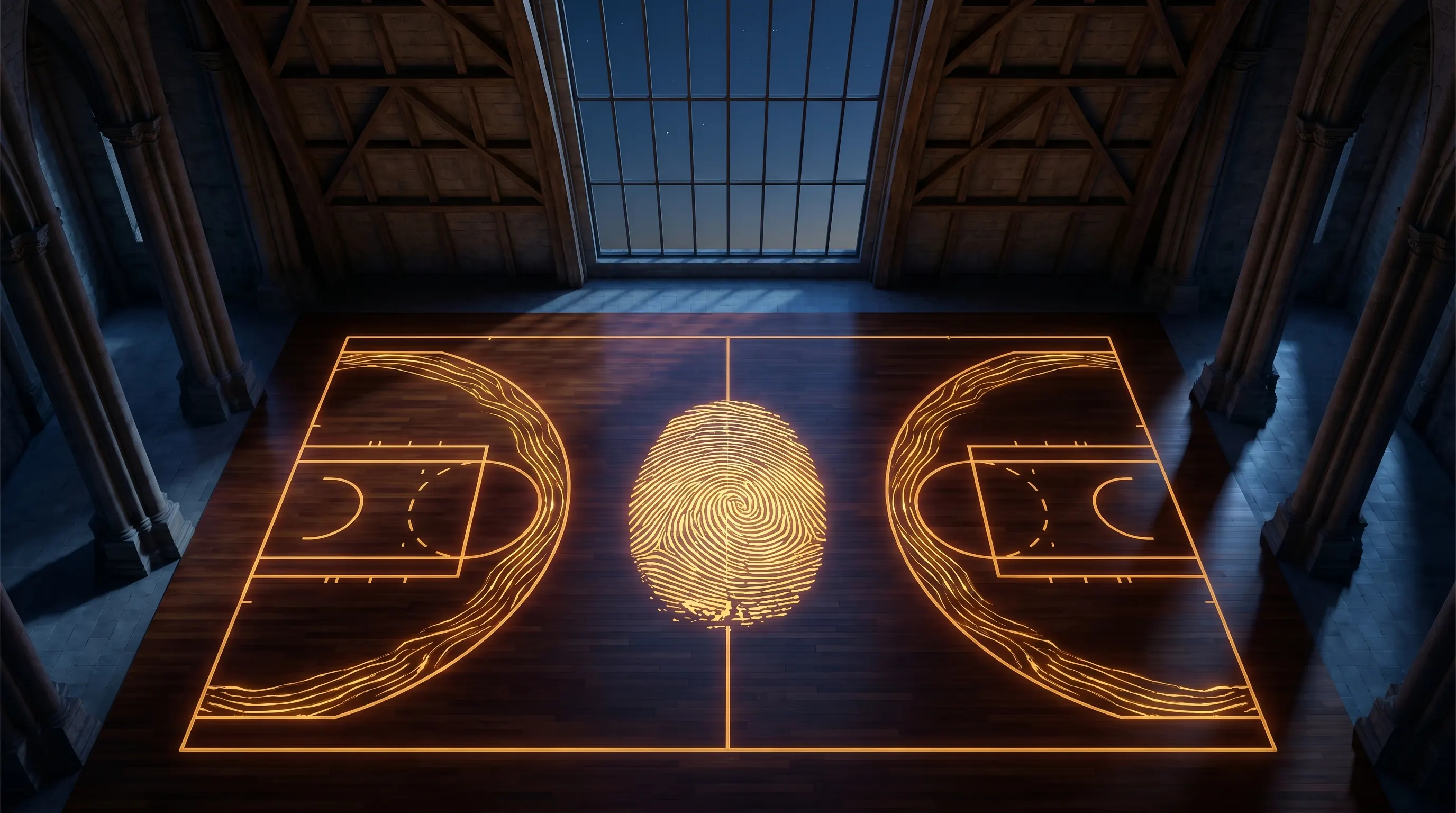 A basketball court transformed into a fingerprint beneath an arena roof