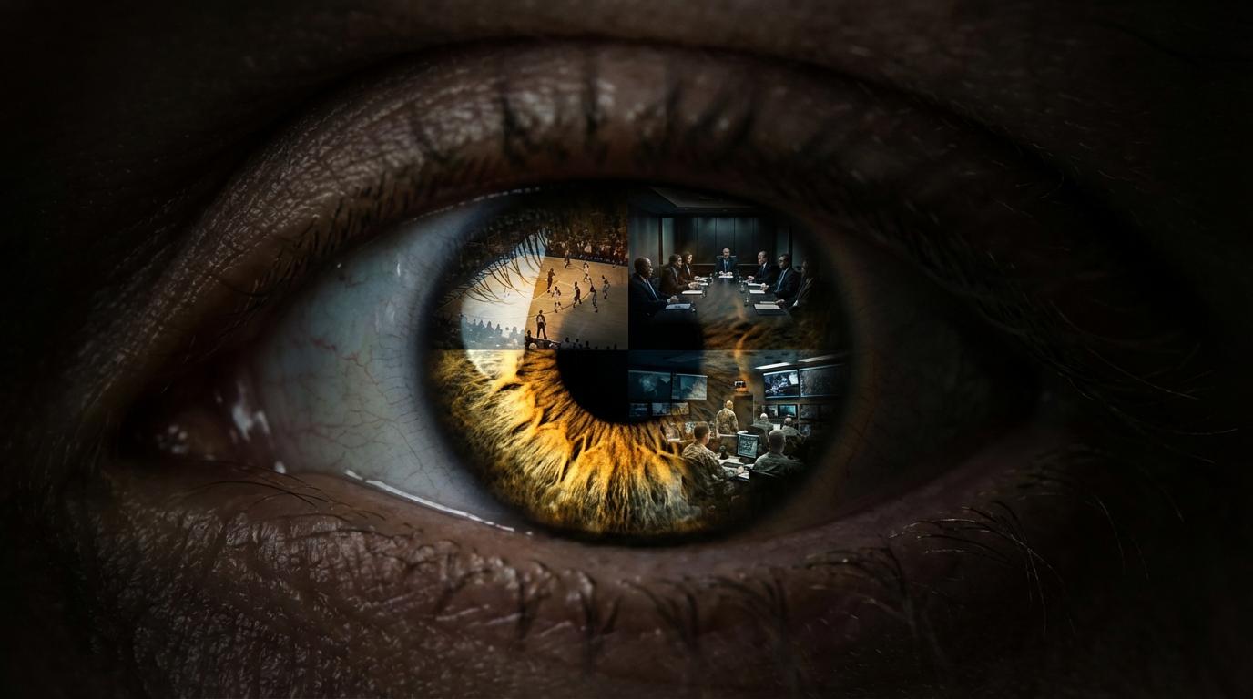 A close view of an eye reflecting fields of work