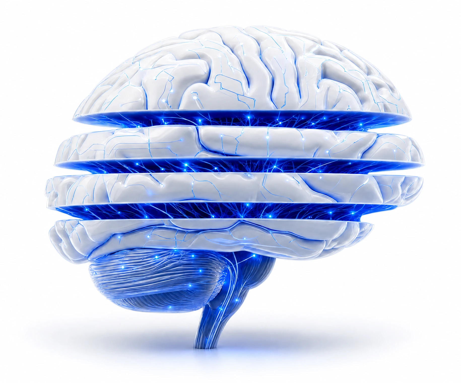A porcelain brain separated into four horizontal layers with glowing cobalt neural connections between them