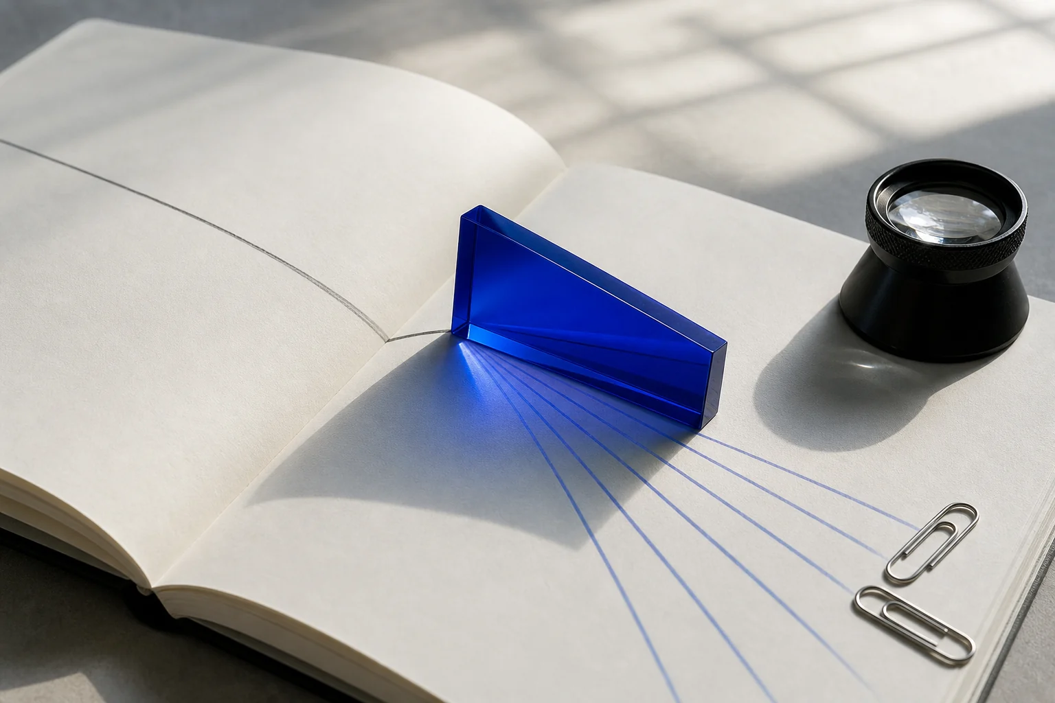 A cobalt prism turns one graphite source line into several precise paths.
