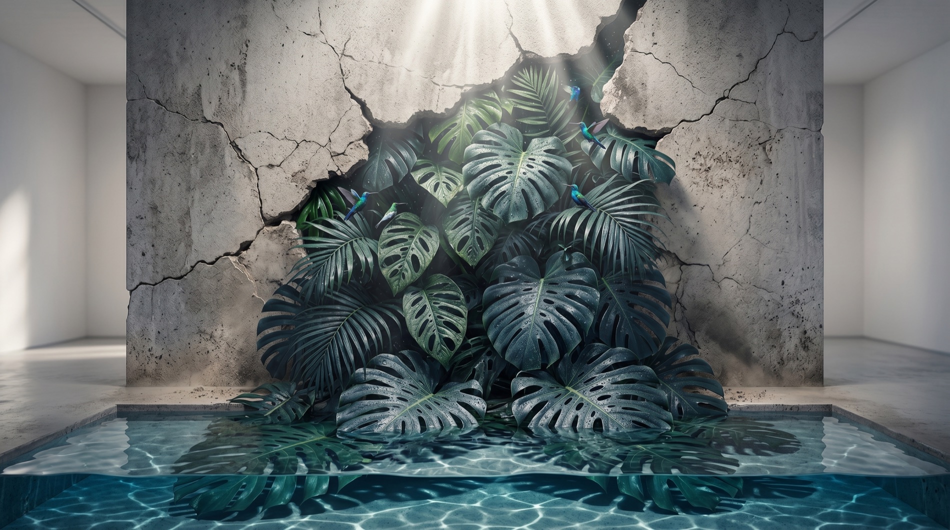 A vivid hidden landscape breaking through a concrete wall